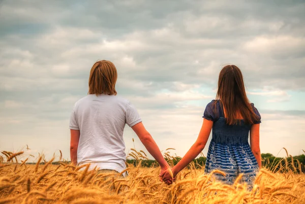 Casal hospedado em um campo de trigo — Fotografia de Stock