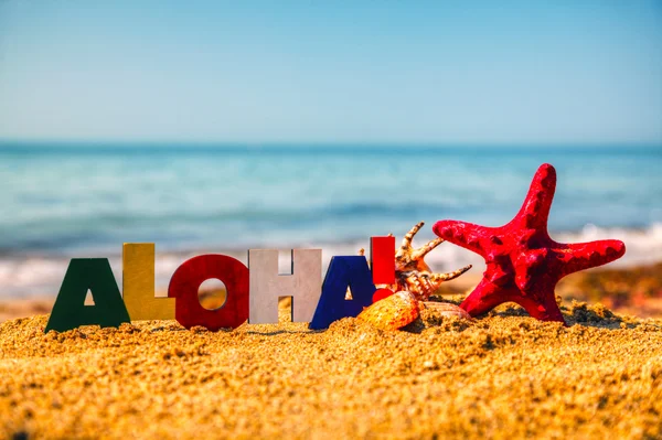 Drewniane kolorowe słowa 'Aloha' na piasku — Zdjęcie stockowe
