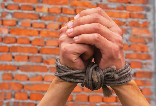 Hands tied up with rope — Stock Photo, Image