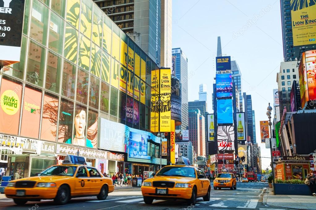 Yellow taxis at Times Square in New York City Stock Editorial Photo