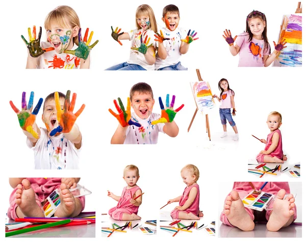 Collection of photos of kids painting with colors — Stock Photo, Image