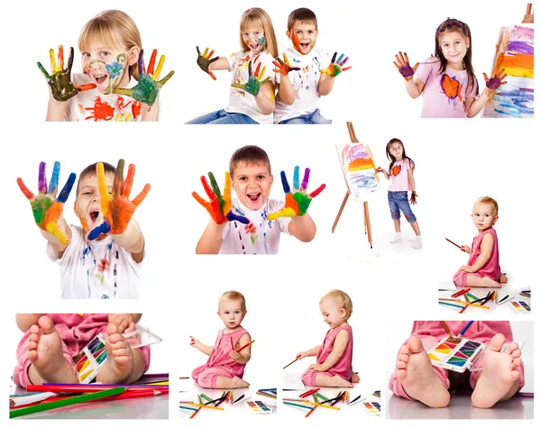 색상으로 페인트 하는 아이의 사진 컬렉션 스톡 사진