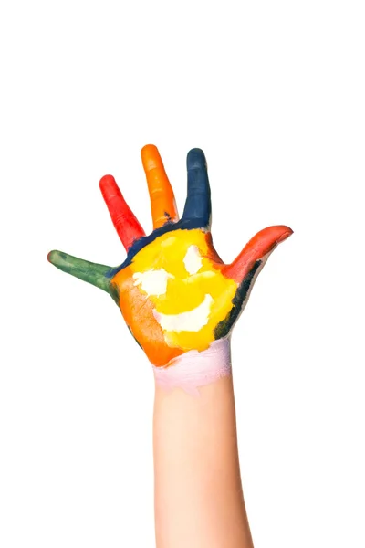 Mano colorata con sorriso dipinto in vernici colorate come logo . — Foto Stock