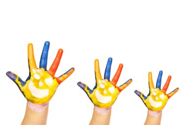 aile kavramı. Aile - yüzü gülen ile üç renkli el anne, baba ve bebek. küçük, orta ve büyük bir el. Birlik, büyüme, hazır logo için sembolü. Beyaz arka plan üzerinde izole