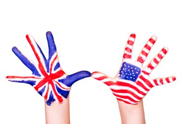 American and English flags on hands. clipart