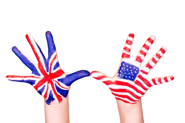 American and English flags on hands. — Stock Photo, Image