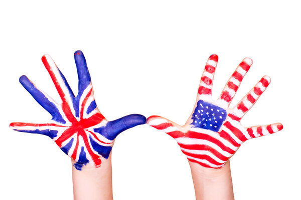 American and English flags on hands.