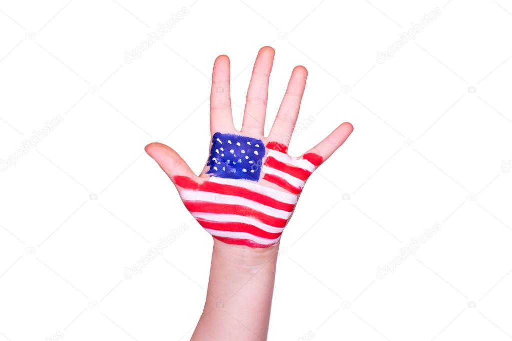 American flag on a hand. Travelling to America concept. English language learning