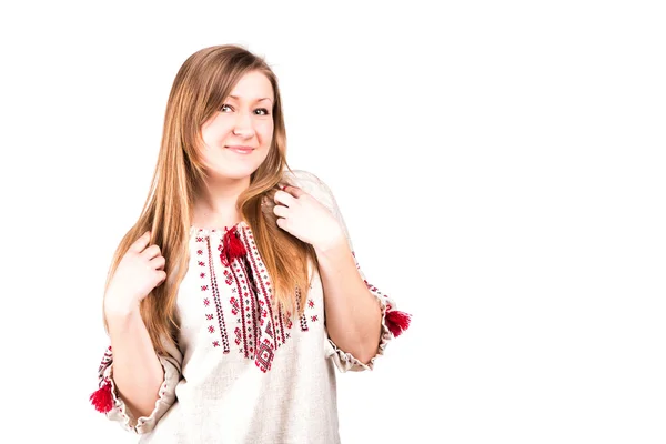 Beautiful girl in ukrainian embroidered shirt — Stock Photo, Image