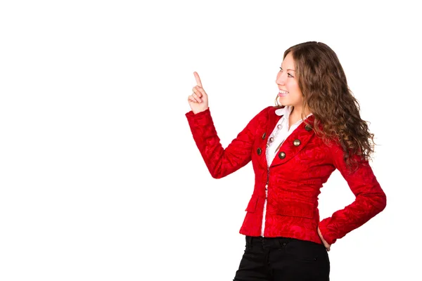 Beautiful confident businesswoman pointing her finger at copyspace — Stock Photo, Image
