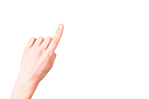 Male hand with pointing finger showing something — Stock Photo, Image