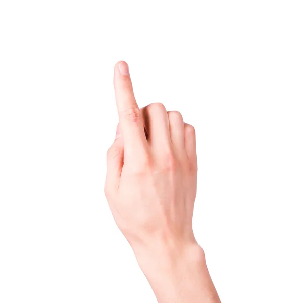 Male hand with pointing finger showing something — Stock Photo, Image