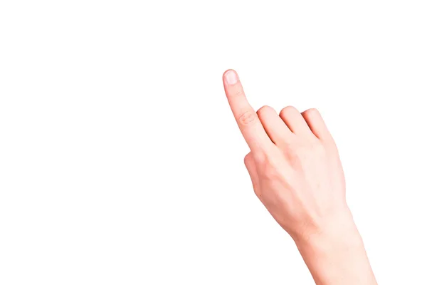 Male hand with pointing finger showing something — Stock Photo, Image