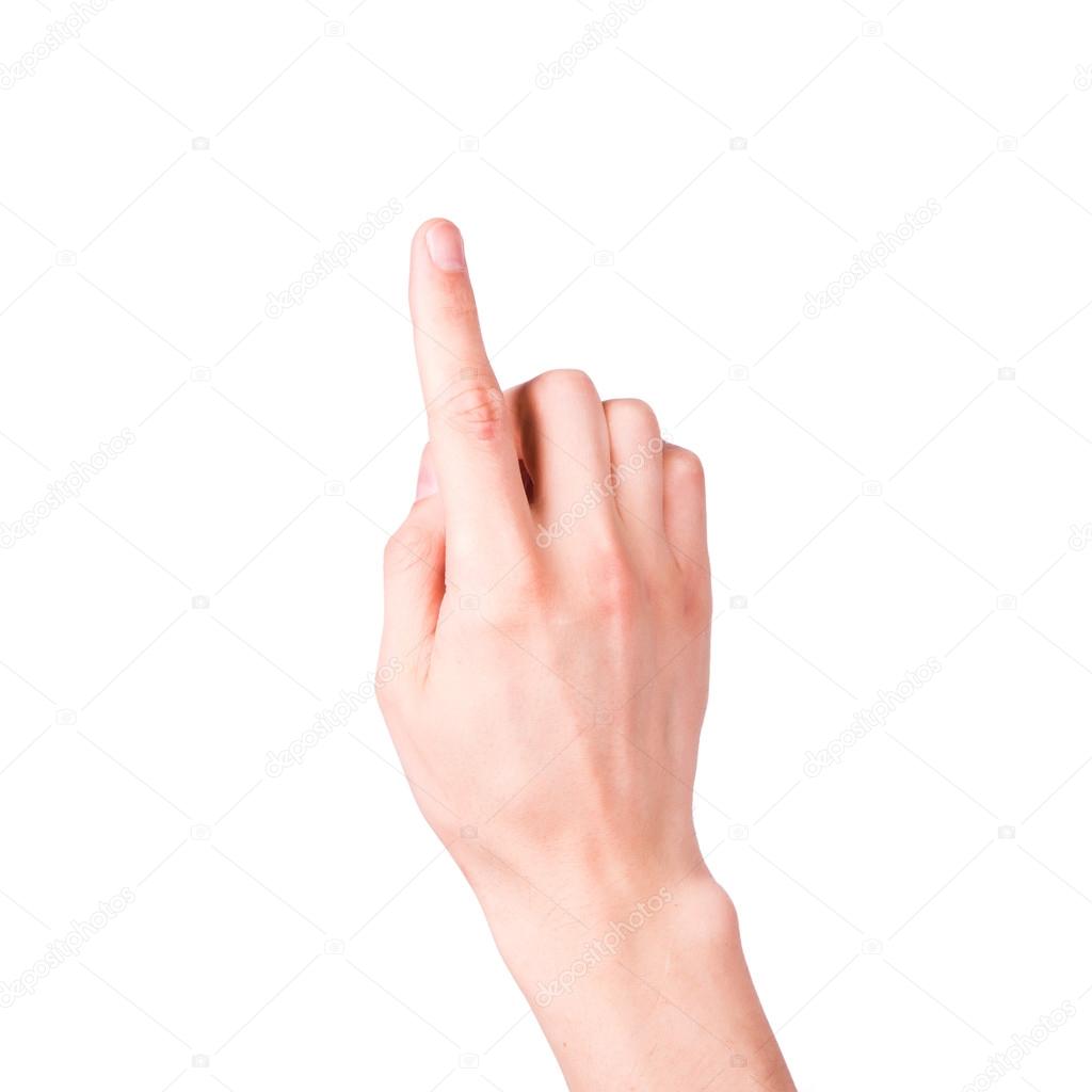 Male hand with pointing finger showing something