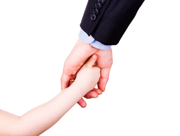 Niño sosteniendo la mano de padre. Confianza, unidad y concepto de apoyo . — Foto de Stock