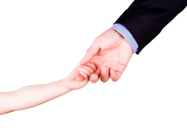 Niño sosteniendo la mano de padre. Confianza, unidad y concepto de apoyo . — Foto de Stock