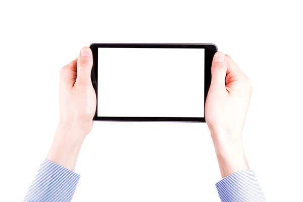 Männliche Hand hält einen Tablet-PC mit Platz für Ihren Text — Stockfoto