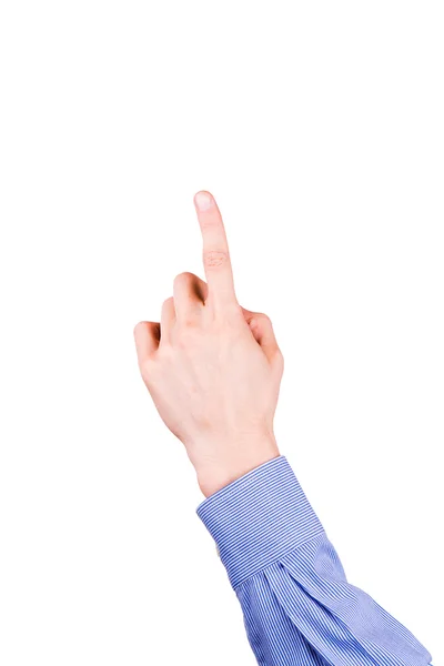 Male hand with pointing finger showing something — Stock Photo, Image