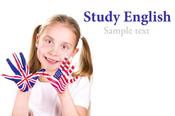 American and English flags on child's hands. — Stock Photo, Image