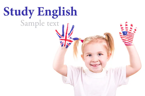 American and English flags on child's hands. — Stock Photo, Image