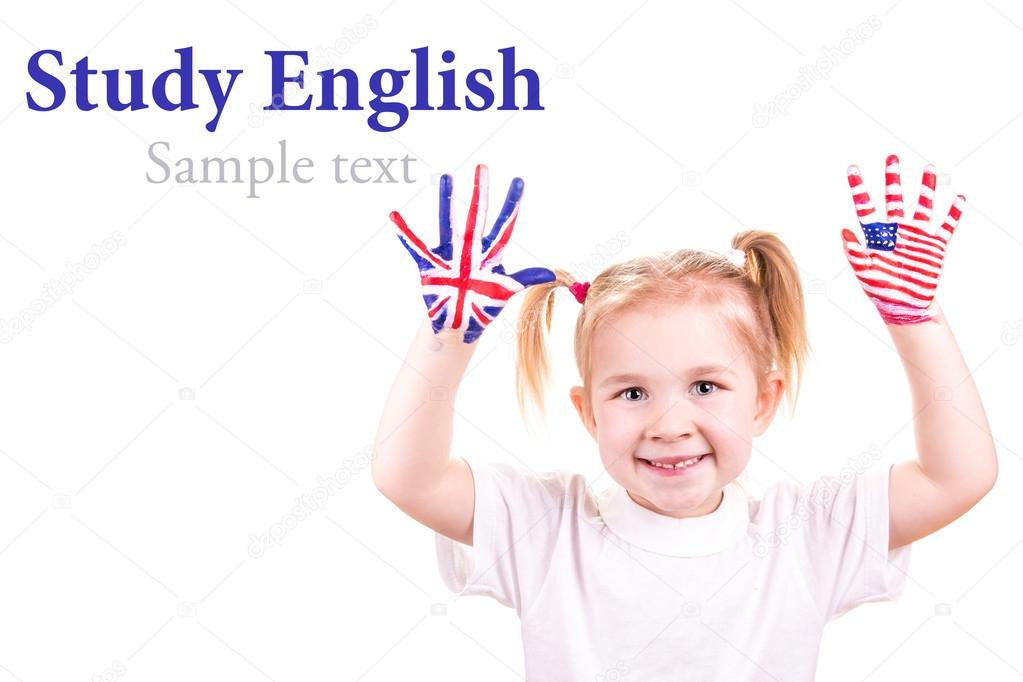 American and English flags on child's hands.