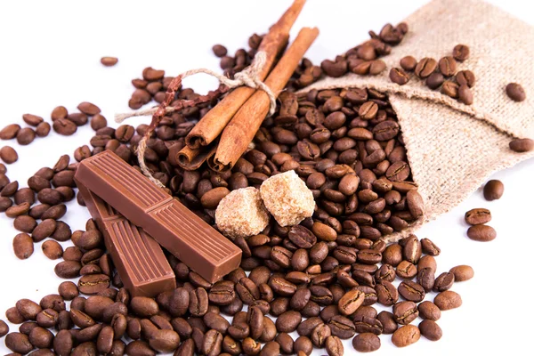 Coffee beans with chocolate and cinnamon — Stock Photo, Image