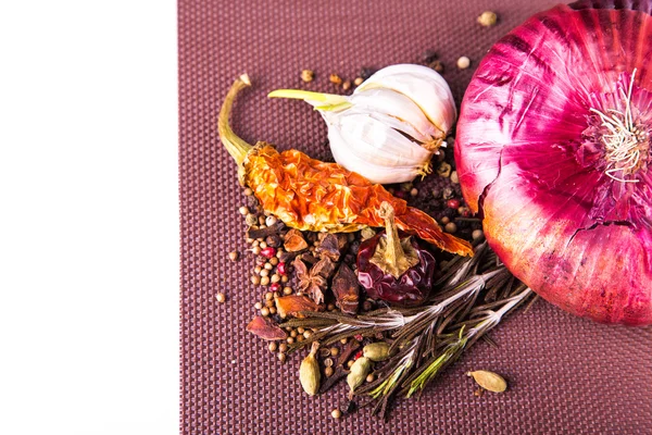 Çeşitli baharatlar ve otlar, soğan ve garlik — Stok fotoğraf