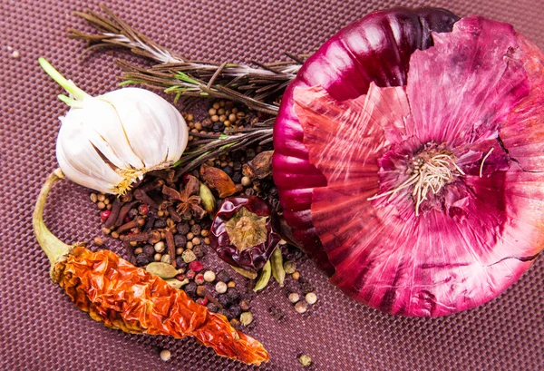 Various spices and herbs, onion and garlik Stock Photo