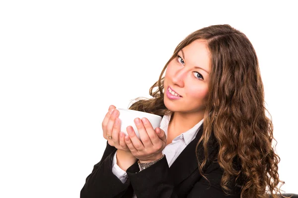 Hermosa mujer de negocios bebiendo taza de café caliente —  Fotos de Stock