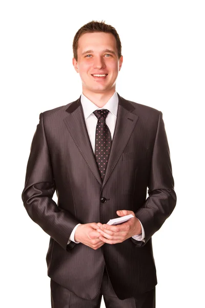 Young happy smiling businessman counting money — Stock Photo, Image