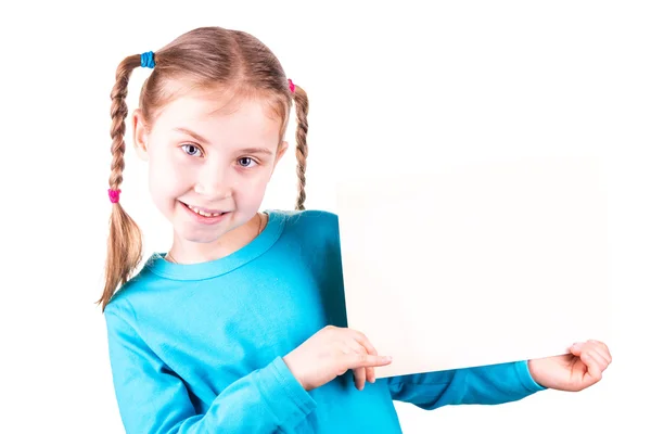 Smiling little girl holding white card for you sample text — Stock Photo, Image