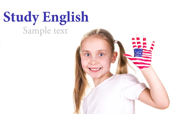 American and English flags on child's hands. — Stock Photo, Image