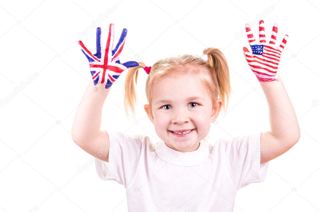 American and English flags on child's hands.