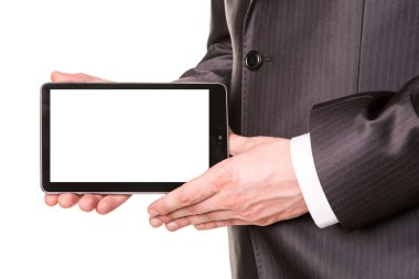 Bir tablet pc comuter örnek metni boş ekran ile gösterilen işadamı eller