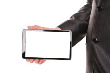 Bir tablet pc comuter örnek metni boş ekran ile gösterilen işadamı el