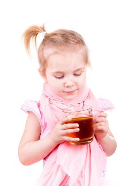 Sick little girl with chickenpox drinking tea with lemon clipart