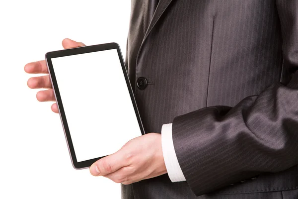 Businessman's hands showing a tablet pc comuter with blank screen for your sample text — Stock Photo, Image