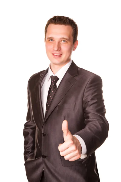 Feliz hombre de negocios sonriente con los pulgares hacia arriba gesto —  Fotos de Stock