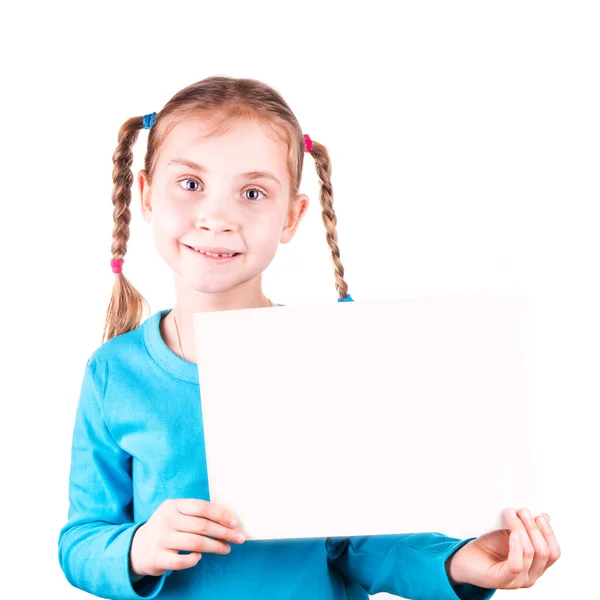 Smiling little girl holding white card for you sample text — Stock Photo, Image