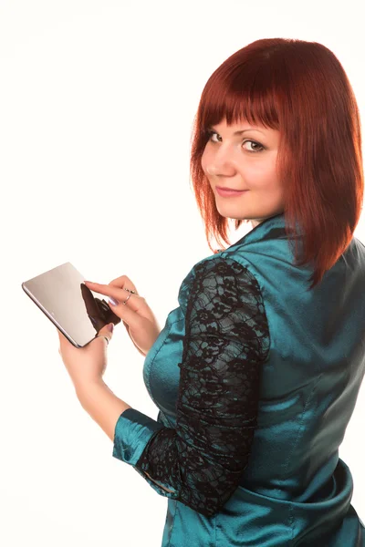 Young attractive business woman holding tablet PC with touch pad — Stock Photo, Image