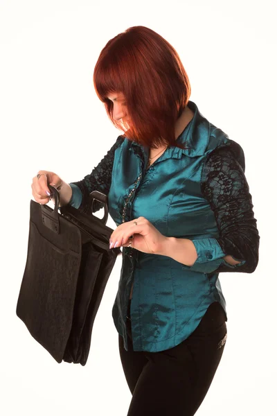 Beautiful smiling business woman holding black briefcase — Stock Photo, Image