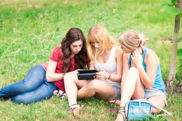 幸せな笑みを浮かべて十代学生の屋外のグループ — ストック写真