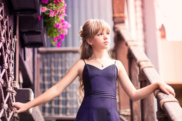 Γοητευτικό μικρό κορίτσι σε ένα όμορφο φόρεμα, εξωτερική — Φωτογραφία Αρχείου