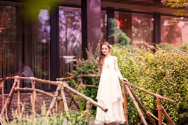 Encantadora niña en un hermoso vestido al aire libre — Foto de Stock