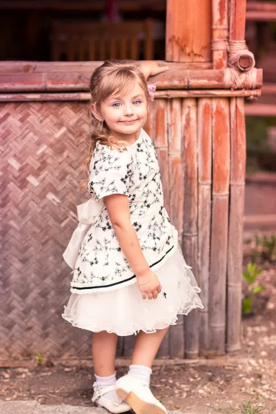 Okouzlující holčička v krásných šatech venkovní — Stock fotografie