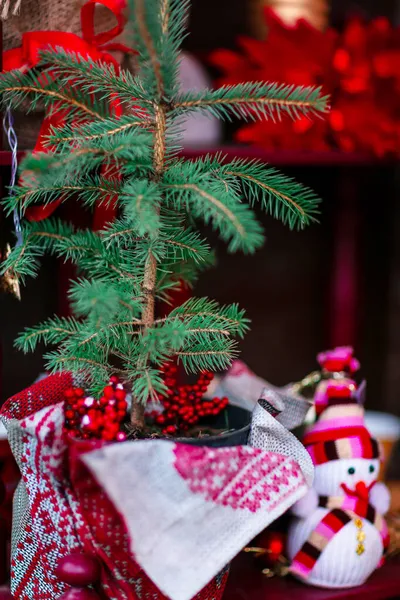 Ozdoba Bożonarodzeniowa Holly Thuja Jodły Wazonie Świeca Mikołaj Zabawki Cukierki — Zdjęcie stockowe