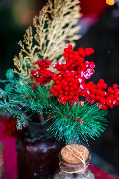 Christmas Decoration Holly Thuja Fir Vase Candle Toy Santa Candies — Stock Photo, Image