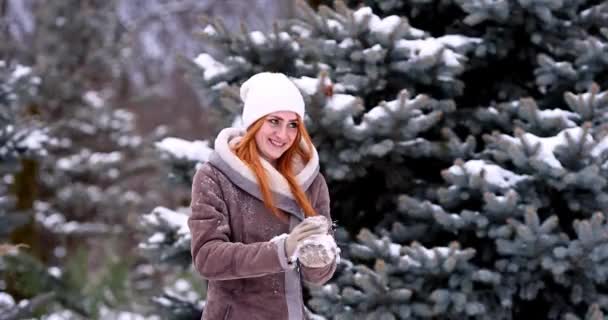 Fata Iarnă Aruncă Bulgăre Zăpadă Aparat Fotografiat Zâmbind Fericit Distrându — Videoclip de stoc