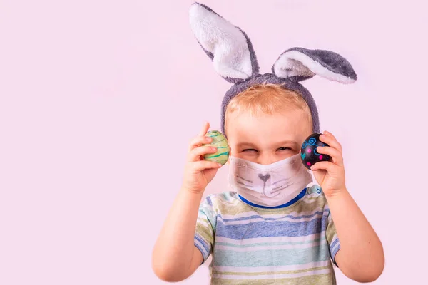 Cute Baby Boy Rabbit Bunny Ears Head Protective Mask Colored — Stock Photo, Image