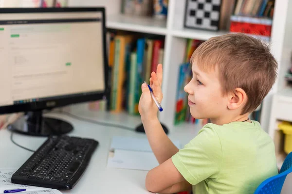 Little Young School Boy Working Home Laptop Class Notes Studying — Stock Photo, Image